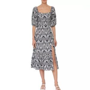 Bagatelle Puff Sleeve Midi Dress Blue Tan Ikat Print Smocked Back Zip Slit NWT